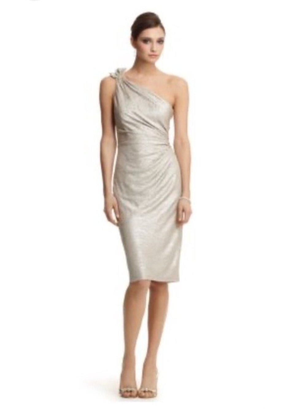 DAVID MEISTER WOMEN’S ONE SHOULDER GOLD METALLIC COCKTAIL DRESS W/BEADING, SZ 10